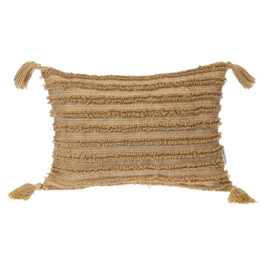 14" X 20" Beige Striped Cotton Throw Pillow With Tassels FurniFindUSA