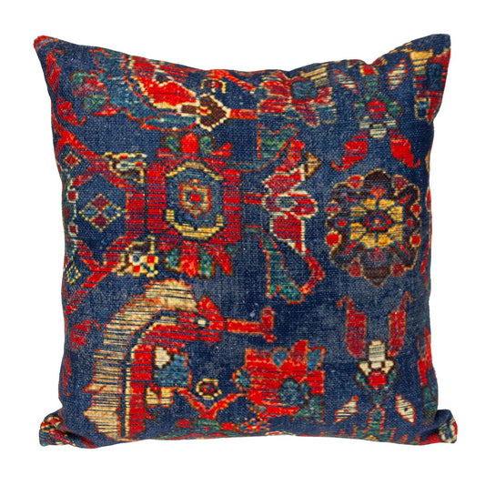 18" Blue and Red Damask Cotton Throw Pillow FurniFindUSA