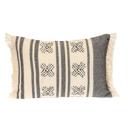 14" X 20" Beige and Black Southwestern Cotton Throw Pillow With Fringe FurniFindUSA