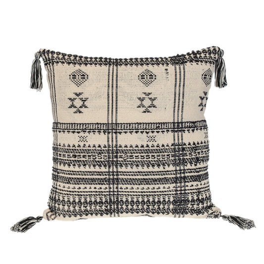 18" Beige and Black Southwestern Cotton Throw Pillow With Tassels FurniFindUSA