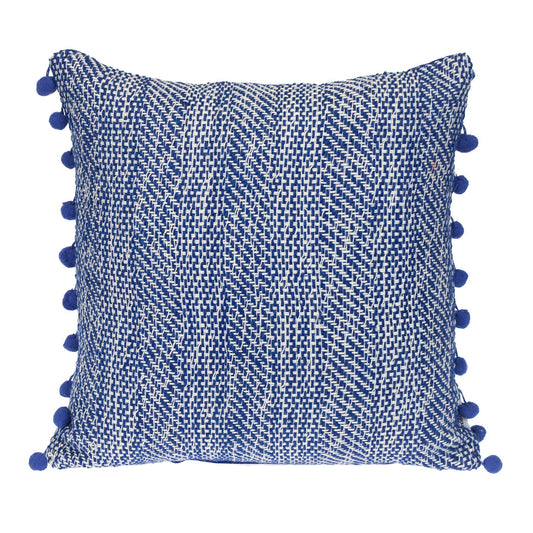 18" Blue and White Weave Cotton Throw Pillow With Pom Poms FurniFindUSA