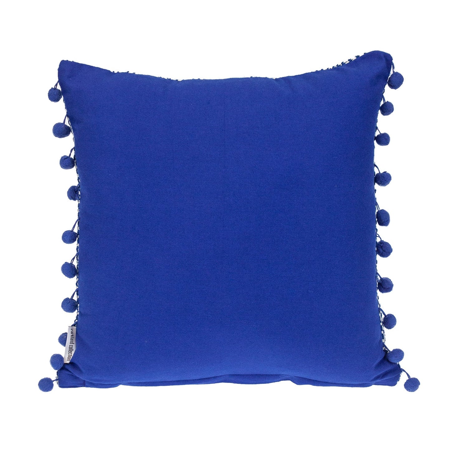 18" Blue and White Weave Cotton Throw Pillow With Pom Poms FurniFindUSA