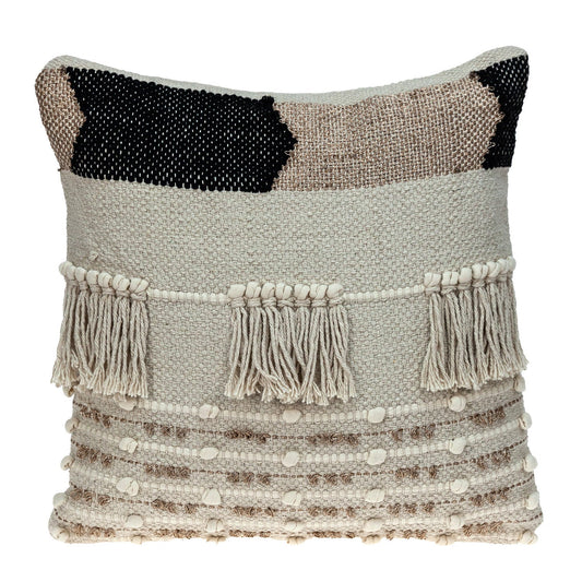 18" Beige and Gold Striped Cotton Blend Throw Pillow With Fringe FurniFindUSA