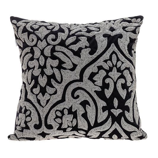 18" Black and Silver Damask Velvet Throw Pillow With Beads FurniFindUSA