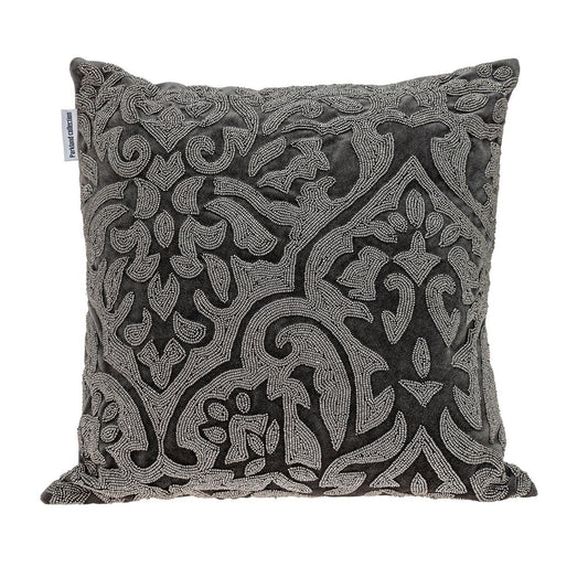 18" Gray and Silver Damask Velvet Throw Pillow With Beads FurniFindUSA