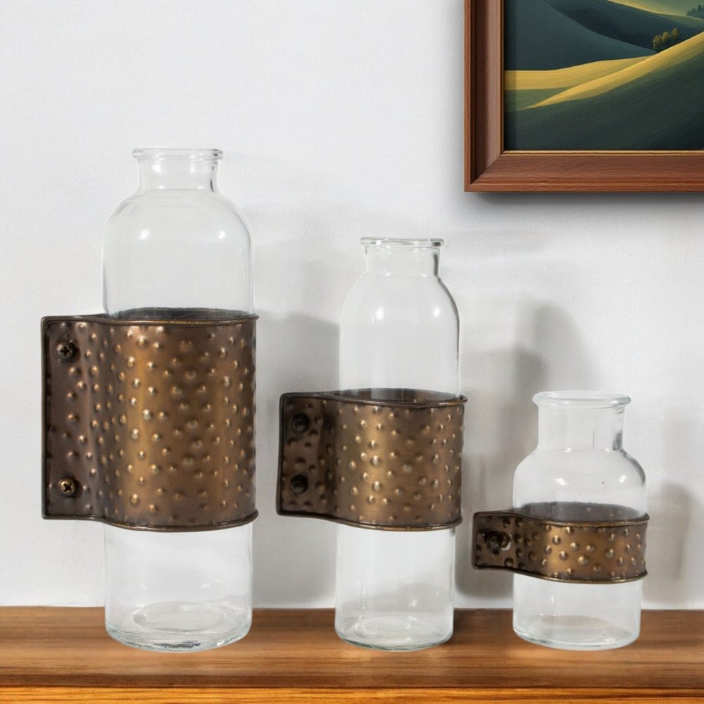 Set of Three Clear and Bronze Hammered Cylinder Metal and Glass Table Vase HomeRoots