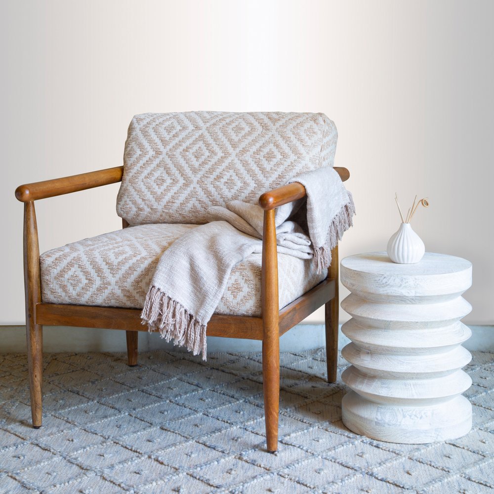 28" Beige And Brown Fabric Geometric Arm Chair HomeRoots