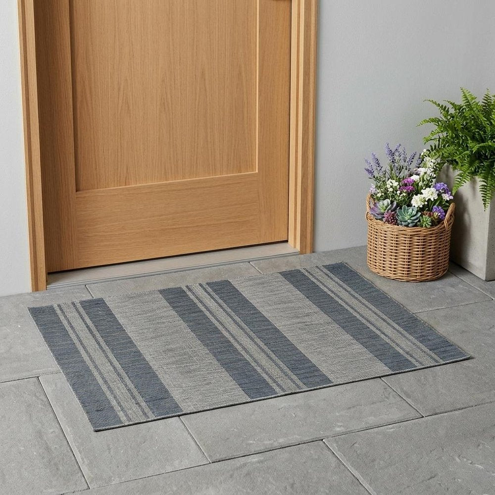 2' X 3' Blue and Gray Striped Stain Resistant Indoor Outdoor Area Rug HomeRoots
