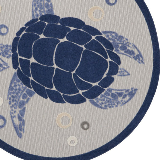 5' Navy Blue And Light Blue Round Sea Turtle Indoor Outdoor Area Rug