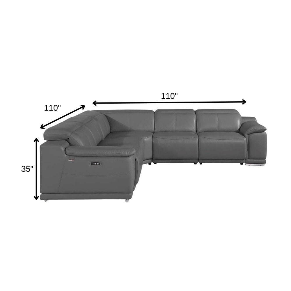 Gray Italian Leather Power Reclining U Shaped Five Piece Corner Sectional With Console HomeRoots