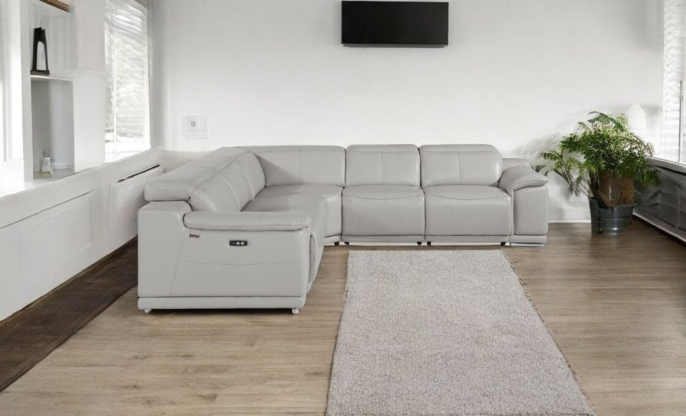 Light Gray Italian Leather Power Reclining U Shaped Five Piece Corner Sectional With Console HomeRoots