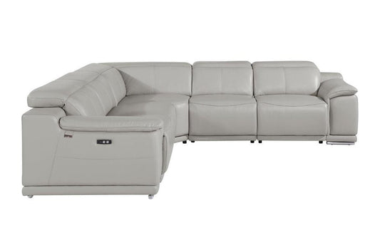 Light Gray Italian Leather Power Reclining U Shaped Five Piece Corner Sectional With Console HomeRoots