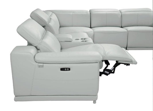 Light Gray Italian Leather Power Reclining U Shaped Five Piece Corner Sectional With Console HomeRoots