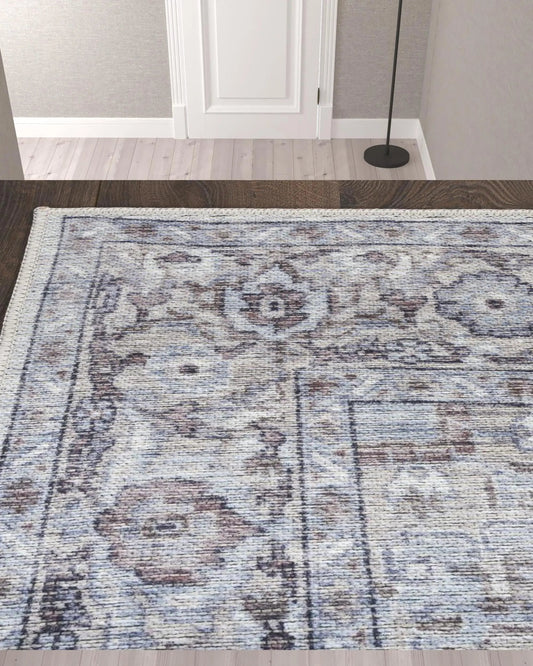 10' Beige and Ivory Floral Power Loom Distressed Washable Runner Rug - 120.0" (L) x 120.0" (W) x 0.43" (H) FurniFindUSA