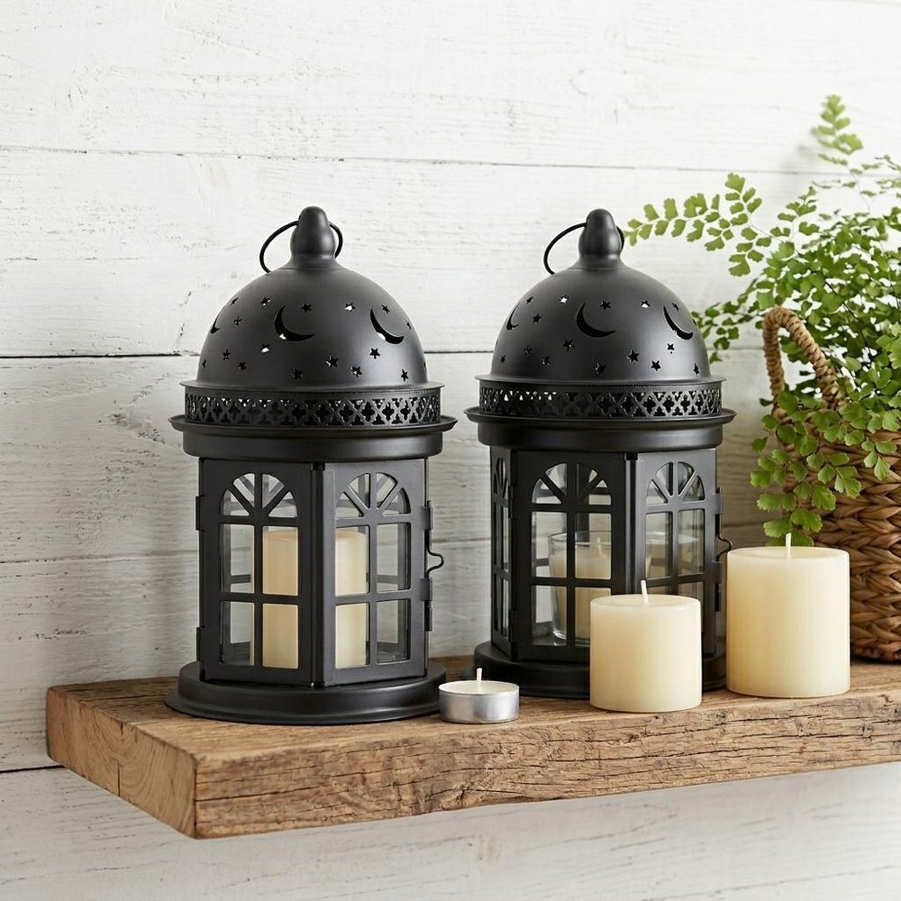 Set of Two Black Metal Celestial Tabletop Lantern Candle Holders HomeRoots