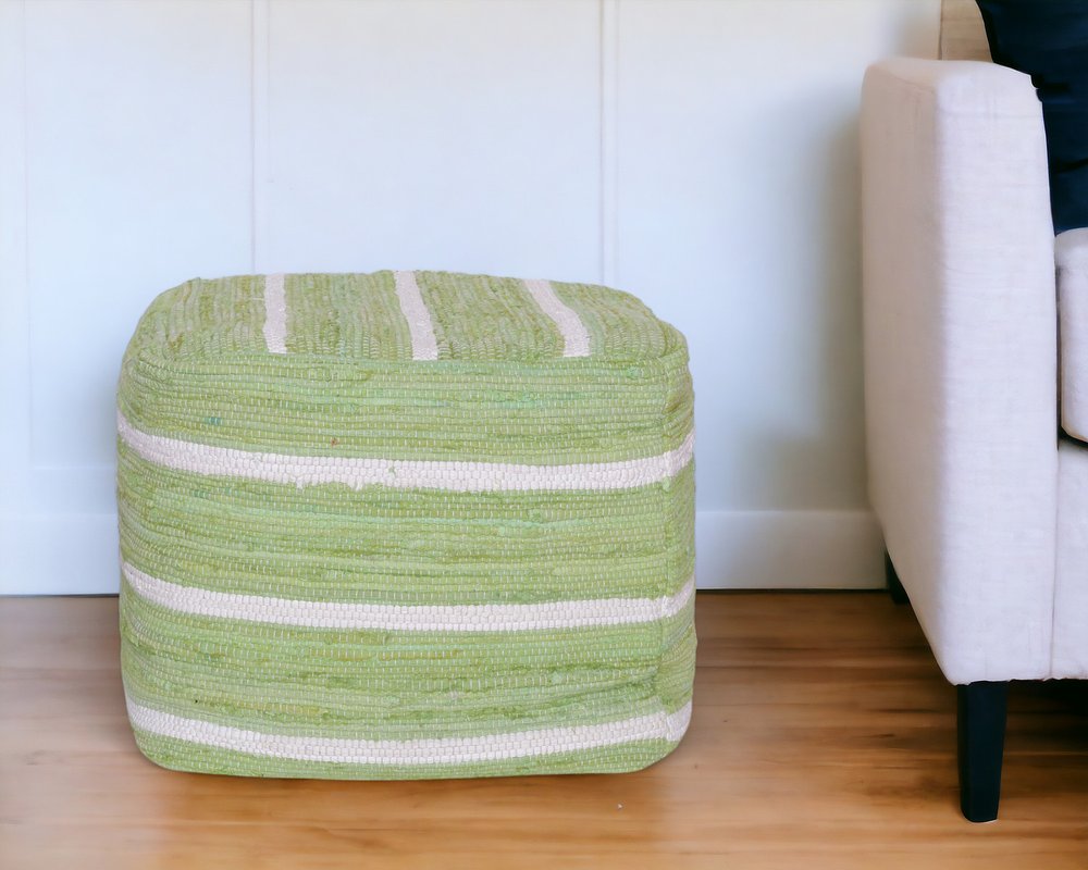 18" Green and White Cotton Striped Cube Pouf Ottoman HomeRoots