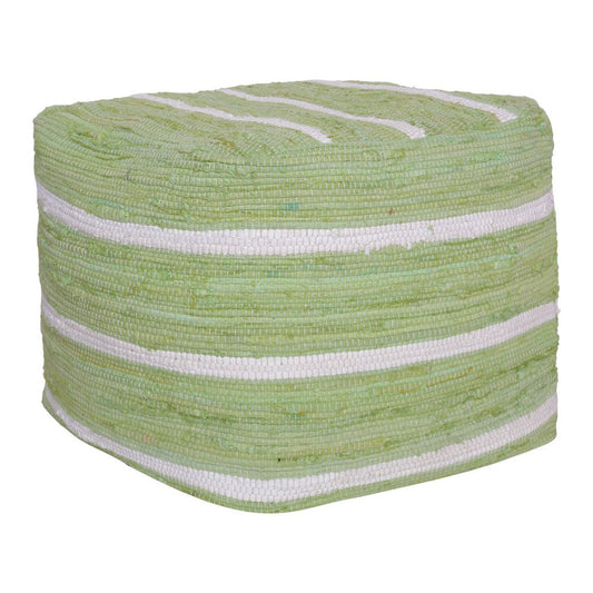 18" Green and White Cotton Striped Cube Pouf Ottoman HomeRoots