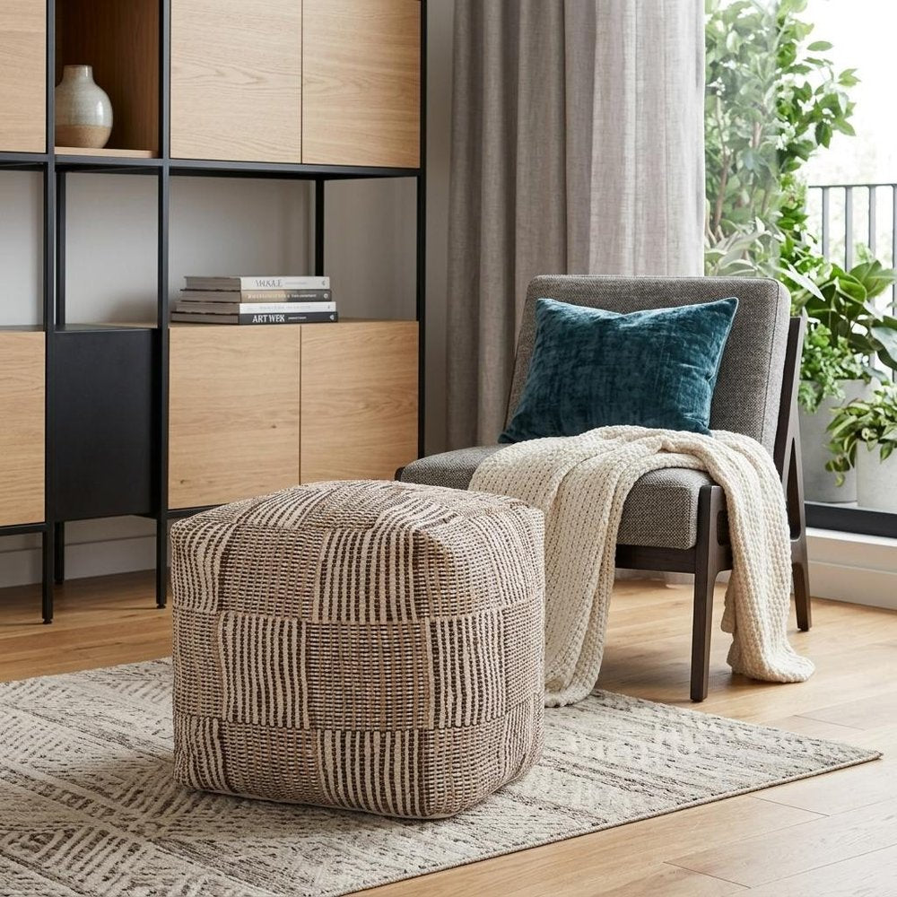 18" Brown Cotton Cube Geometric Pouf Ottoman HomeRoots