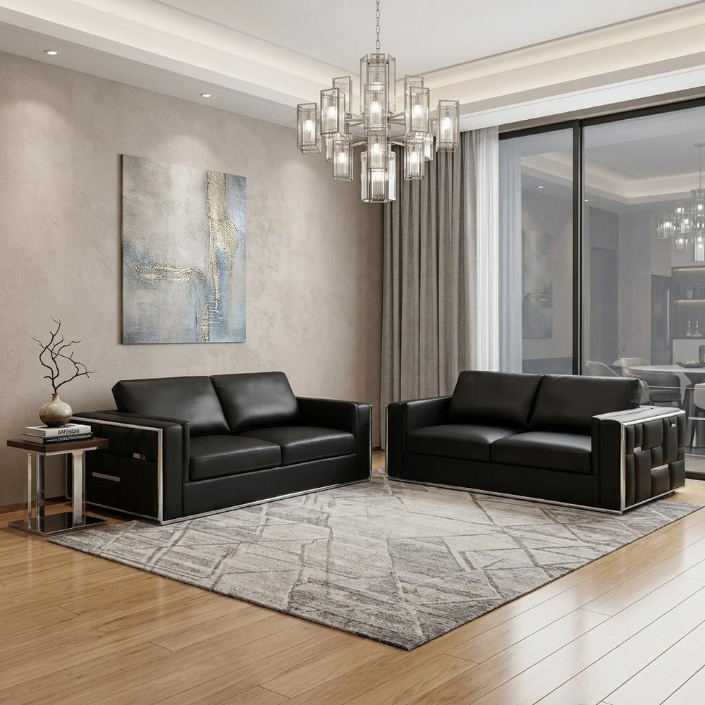 Two Piece Indoor Black Italian Leather Four Person Seating Set HomeRoots