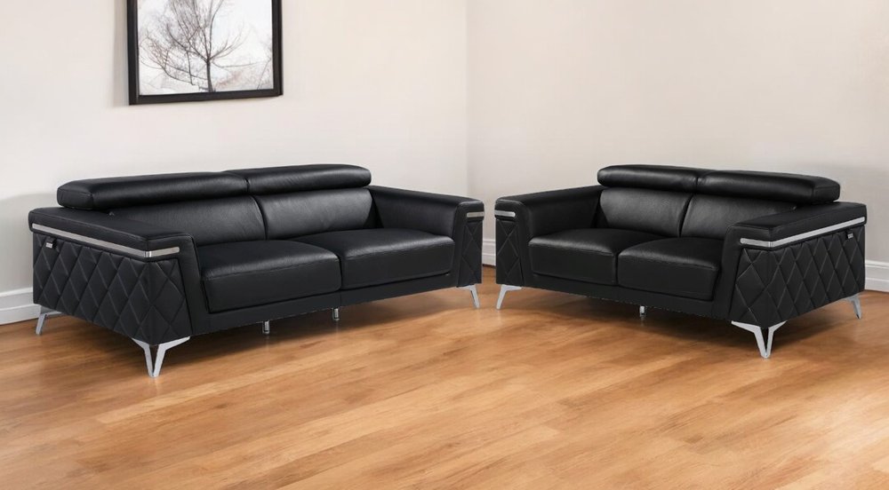 Two Piece Black Italian Leather Four Person Seating Set - FurniFindUSA