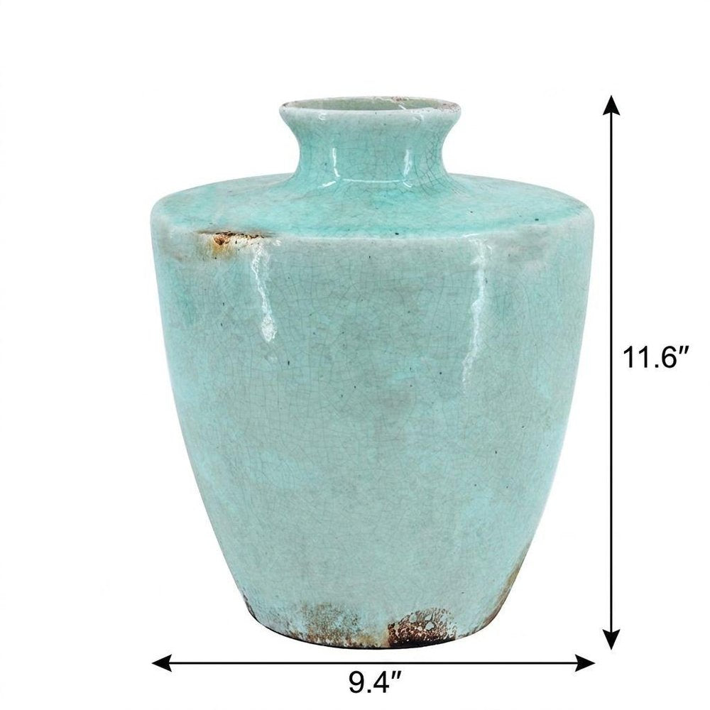 12" Aqua Terracotta Crackle Glaze Round Table Vase HomeRoots