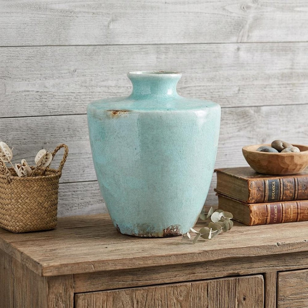 12" Aqua Terracotta Crackle Glaze Round Table Vase HomeRoots