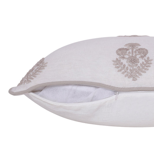 20" X 20" Natural and Ivory Floral Linen Zippered Pillow With Embroidery FurniFindUSA