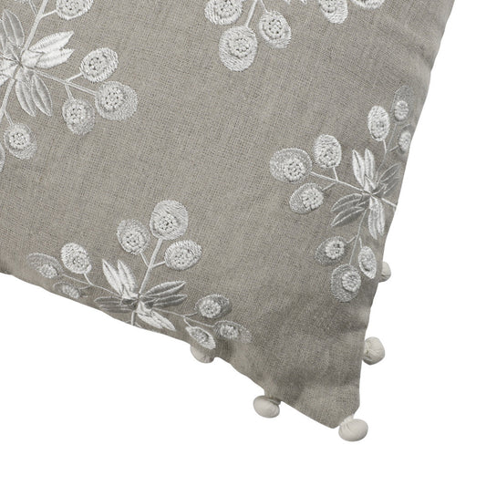 20" X 20" Beige and Ivory Floral Linen Zippered Pillow With Embroidery, Pom Poms FurniFindUSA