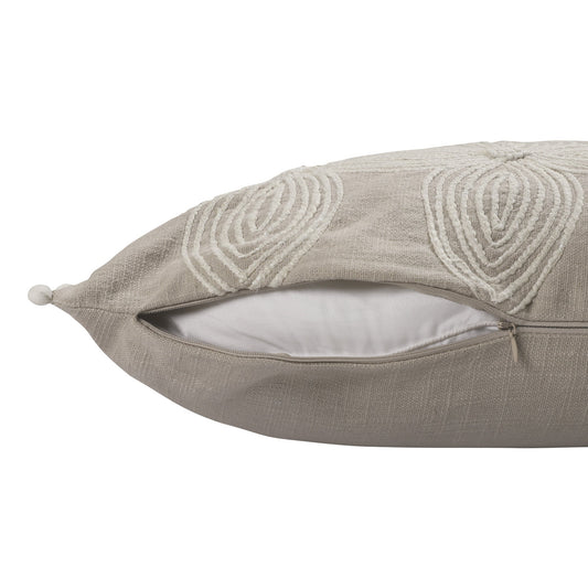 16" X 24" Beige and Ivory Floral Cotton Zippered Pillow With Embroidery, Pom Poms FurniFindUSA