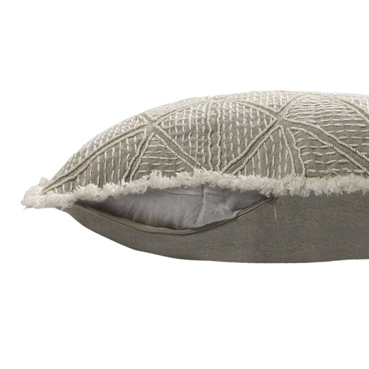 20" X 20" Beige and Ivory Geometric Linen Zippered Pillow With Embroidery, Fringe FurniFindUSA