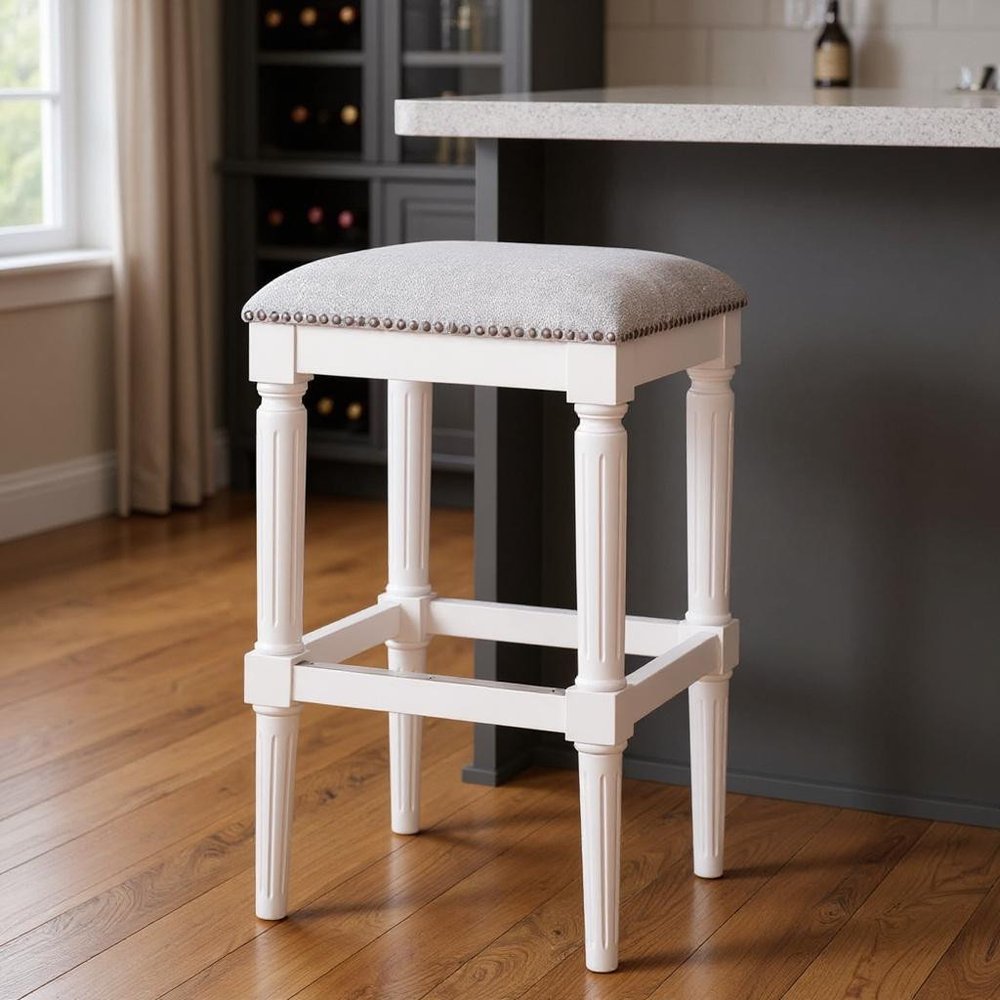 31" Light Gray And White Fabric And Solid Wood Backless Bar Height Bar Chair HomeRoots
