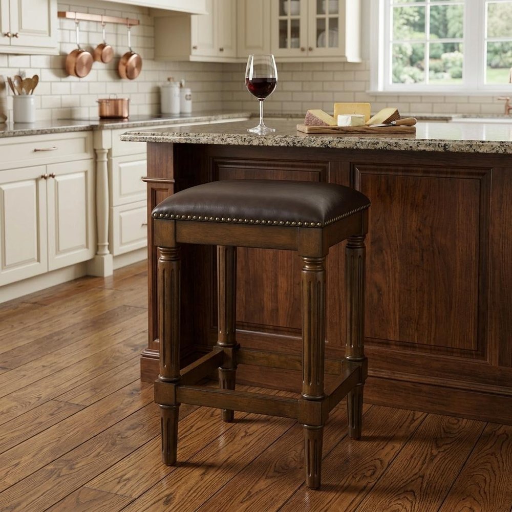 27" Brown And Dark Brown Fabric And Solid Wood Backless Counter Height Bar Chair HomeRoots