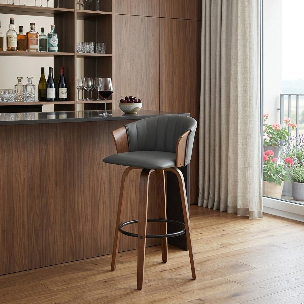 30" Gray And Brown Faux Leather And Fabric And Wood Bar Height Swivel Bar Chair HomeRoots