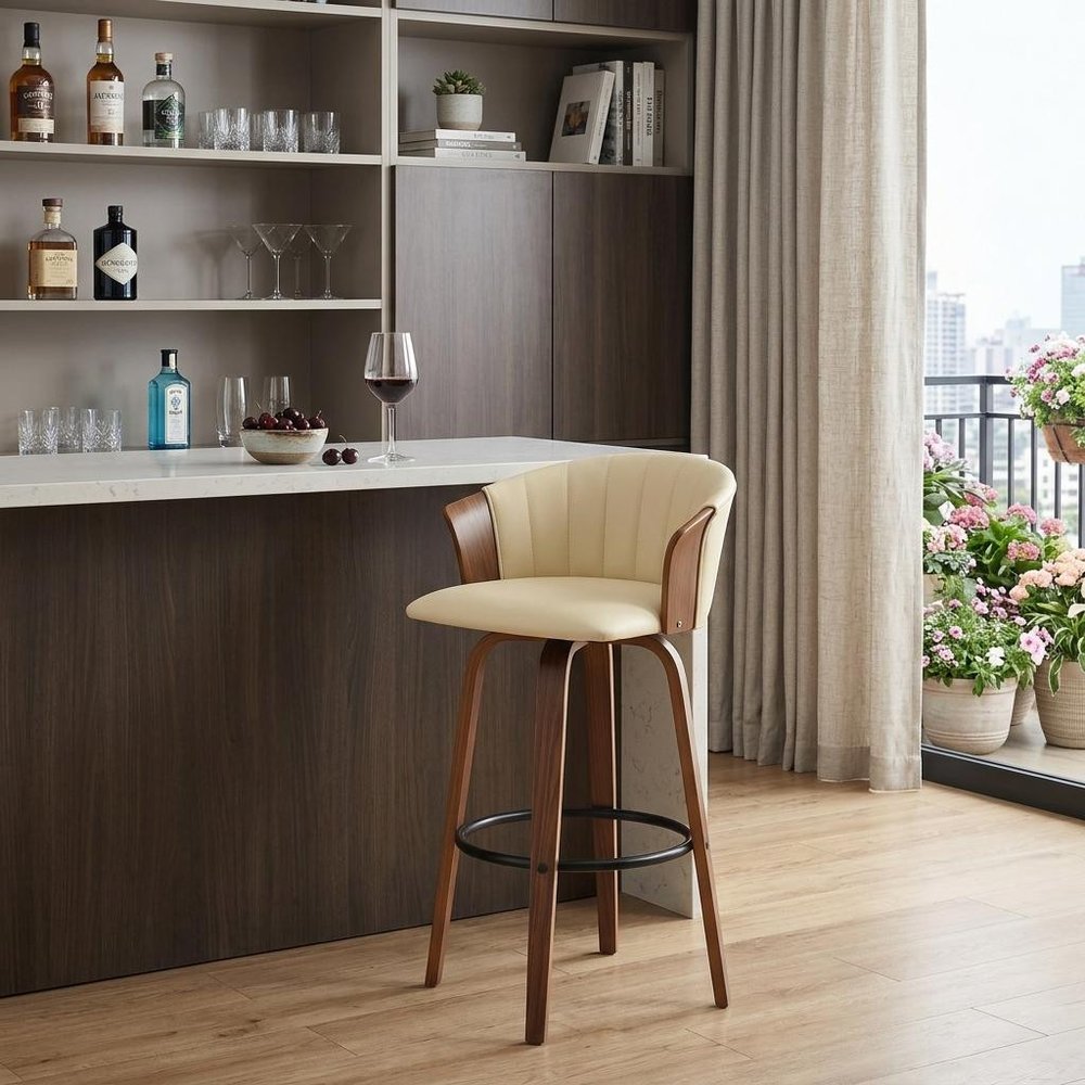 30" Cream And Brown Faux Leather And Fabric And Wood Bar Height Swivel Bar Chair HomeRoots