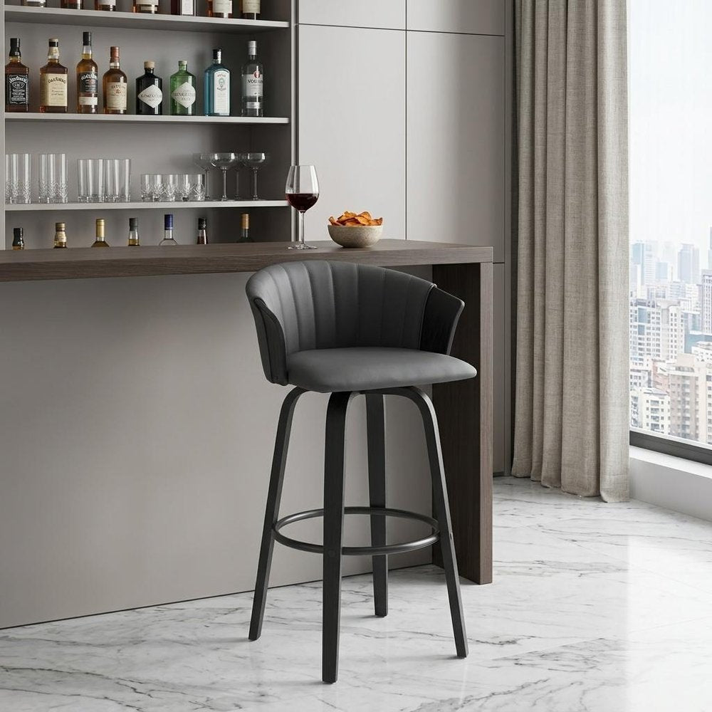 30" Gray And Black Faux Leather And Fabric And Wood Bar Height Swivel Bar Chair HomeRoots
