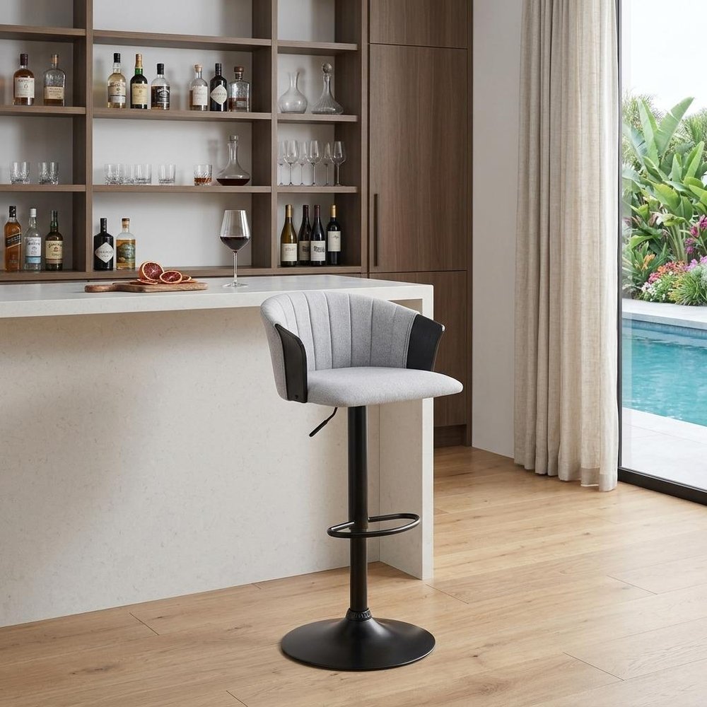 Light Gray And Black Fabric And Metal Adjustable Height Swivel Bar Chair HomeRoots