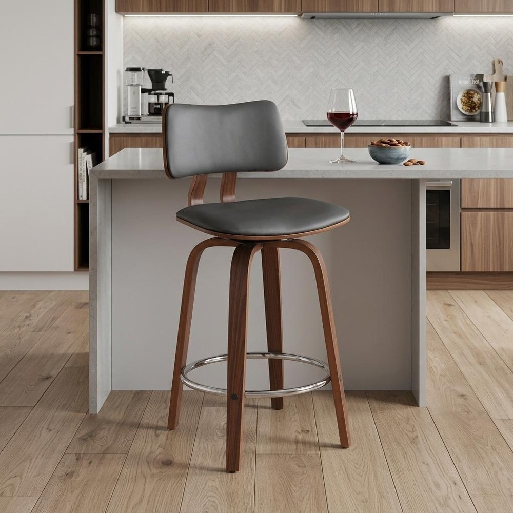 26" Gray And Brown Faux Leather And Fabric And Wood Low Back Counter Height Swivel Bar Chair HomeRoots