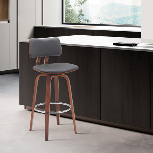 30" Gray And Brown Faux Leather And Fabric And Wood Low Back Bar Height Swivel Bar Chair HomeRoots