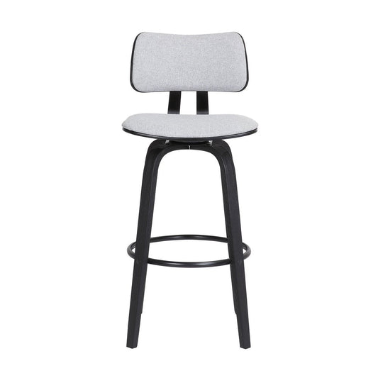 30" Light Gray And Black Fabric And Wood Low Back Bar Height Swivel Bar Chair HomeRoots