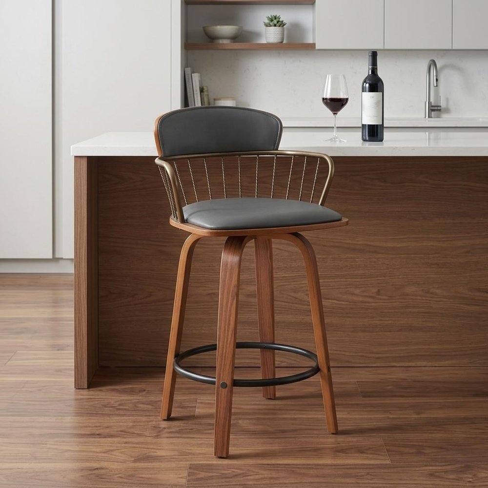 26" Gray And Brown Faux Leather And Fabric And Wood Low Back Counter Height Swivel Bar Chair HomeRoots