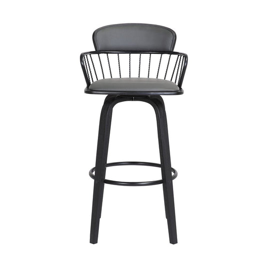 30" Gray And Black Faux Leather And Fabric And Wood Low Back Bar Height Swivel Bar Chair HomeRoots