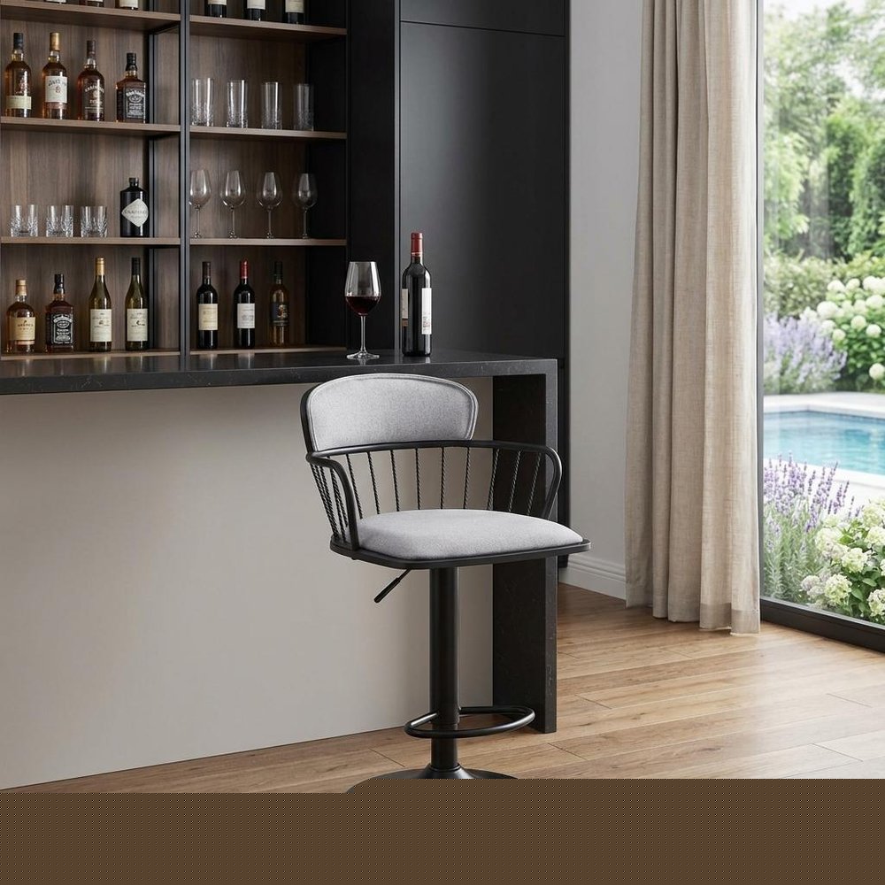 Light Gray and Black Fabric with Metal Swivel Low Back Adjustable Height Bar Chair HomeRoots