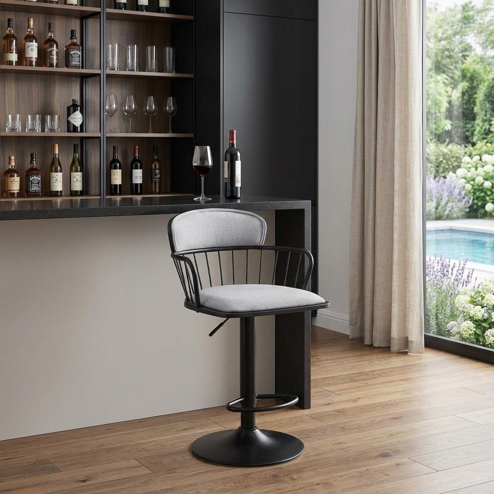 Light Gray And Black Fabric And Metal Low Back Adjustable Height Swivel Bar Chair HomeRoots