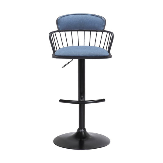 Blue And Black Fabric And Metal Low Back Adjustable Height Swivel Bar Chair HomeRoots
