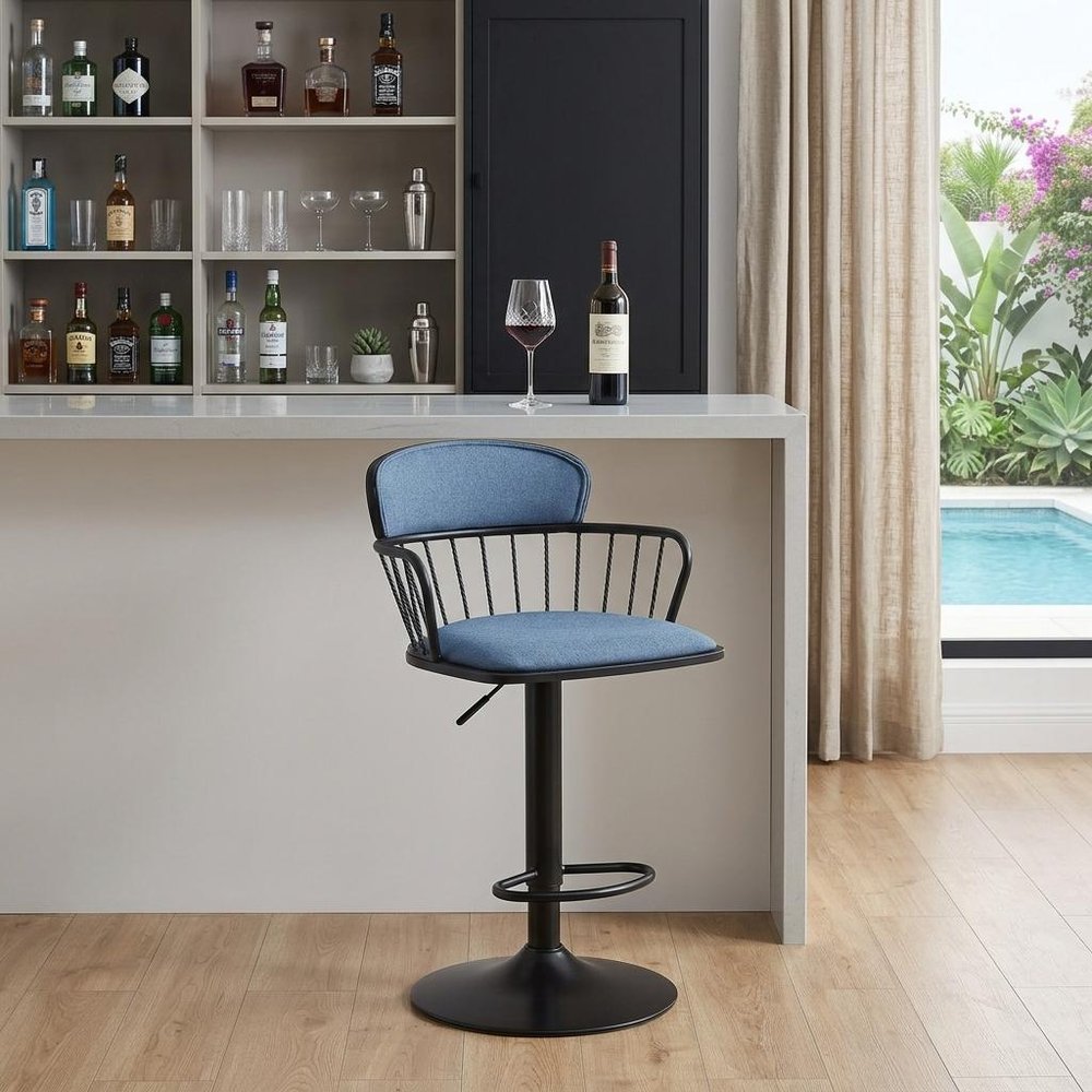 Blue And Black Fabric And Metal Low Back Adjustable Height Swivel Bar Chair HomeRoots