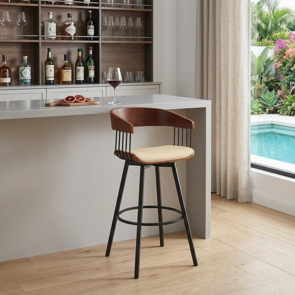 31" Cream And Black Faux Leather And Fabric And Metal Bar Height Swivel Bar Chair HomeRoots