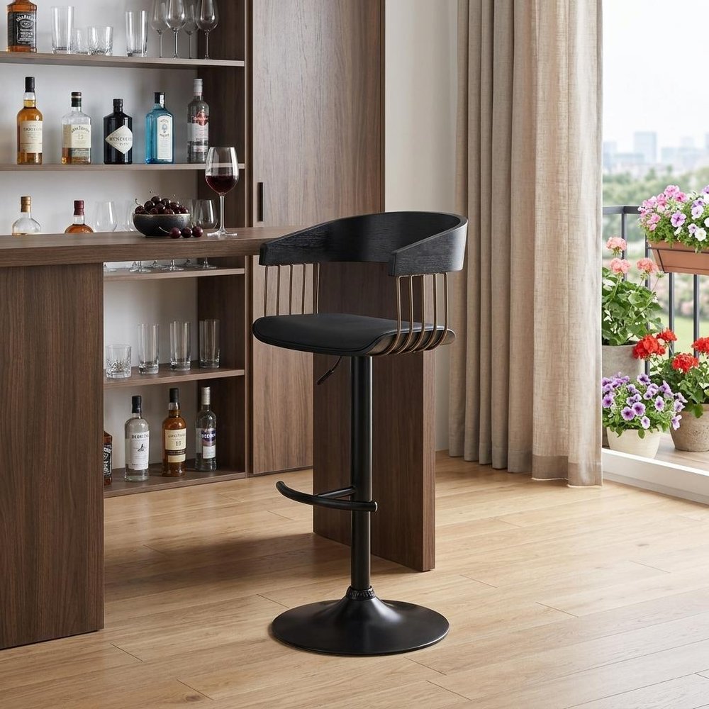 Black Faux Leather And Fabric And Metal Adjustable Height Swivel Bar Chair HomeRoots