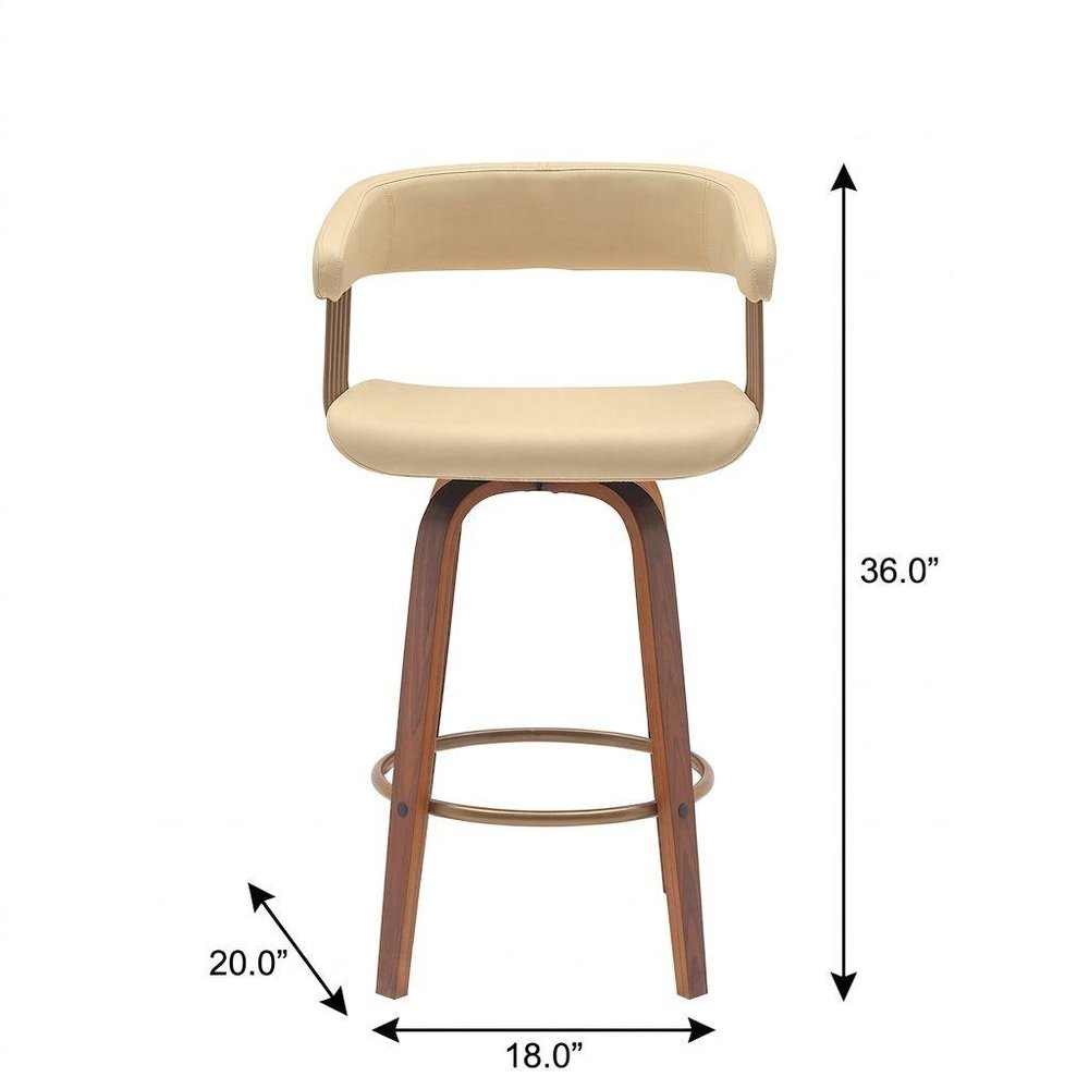 26" Cream And Brown Faux Leather And Fabric And Wood Counter Height Swivel Bar Chair HomeRoots