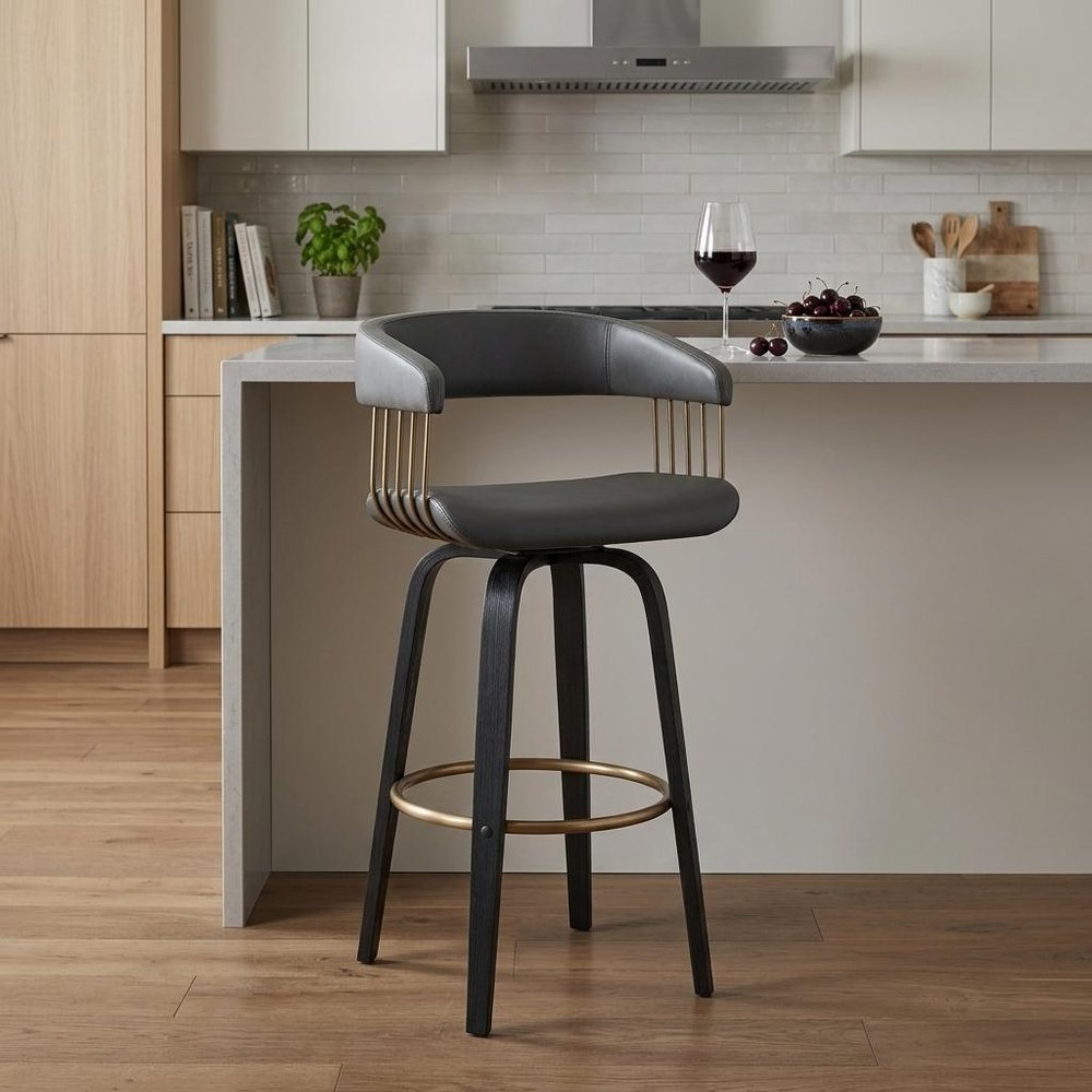 26" Gray And Black Faux Leather And Fabric And Wood Counter Height Swivel Bar Chair HomeRoots