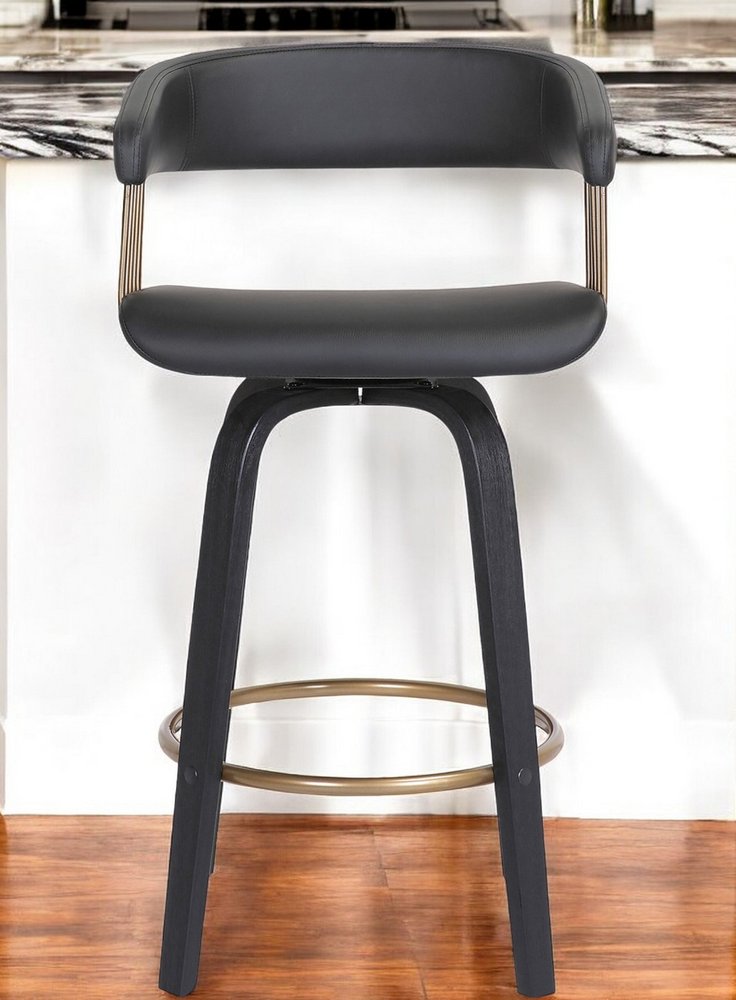 26" Black Faux Leather And Fabric And Wood Counter Height Swivel Bar Chair HomeRoots